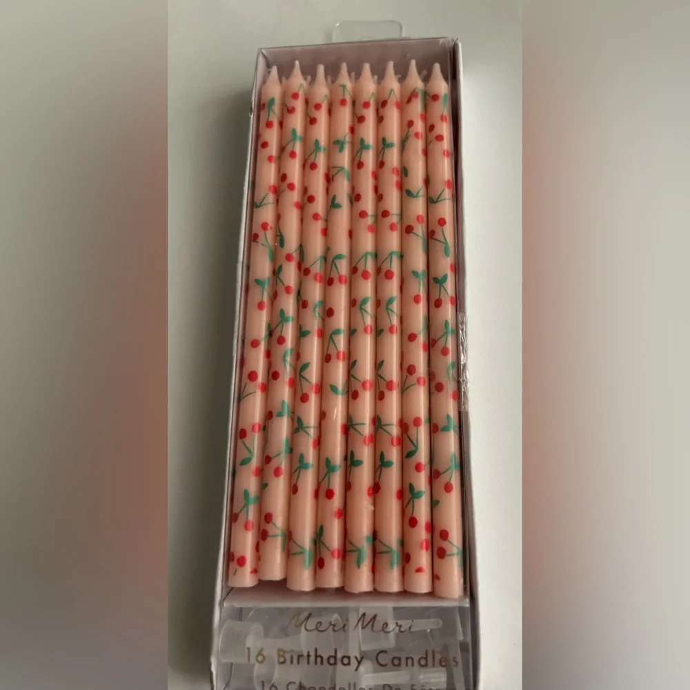 New 16 Pink Birthday Candles 16 Holders Red Flowers Green Stems Meri Mari